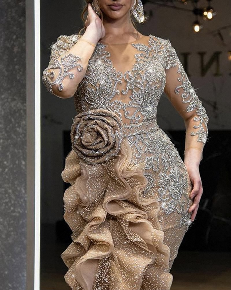 2021 Top Women Golden Sequins Evening Dress Banquet Fashion Lady Taildress Girls Concert Long Skirt