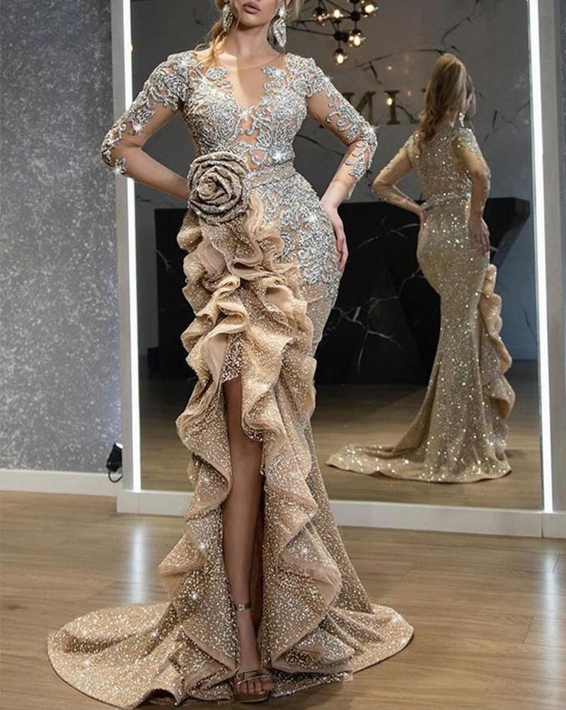 2021 Top Women Golden Sequins Evening Dress Banquet Fashion Lady Taildress Girls Concert Long Skirt