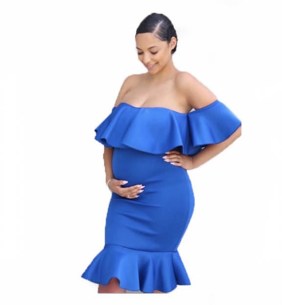 2021 African Popular Elastic Pregnant Women Ruffle Collar Evening Dress Maternity Photography Skirt