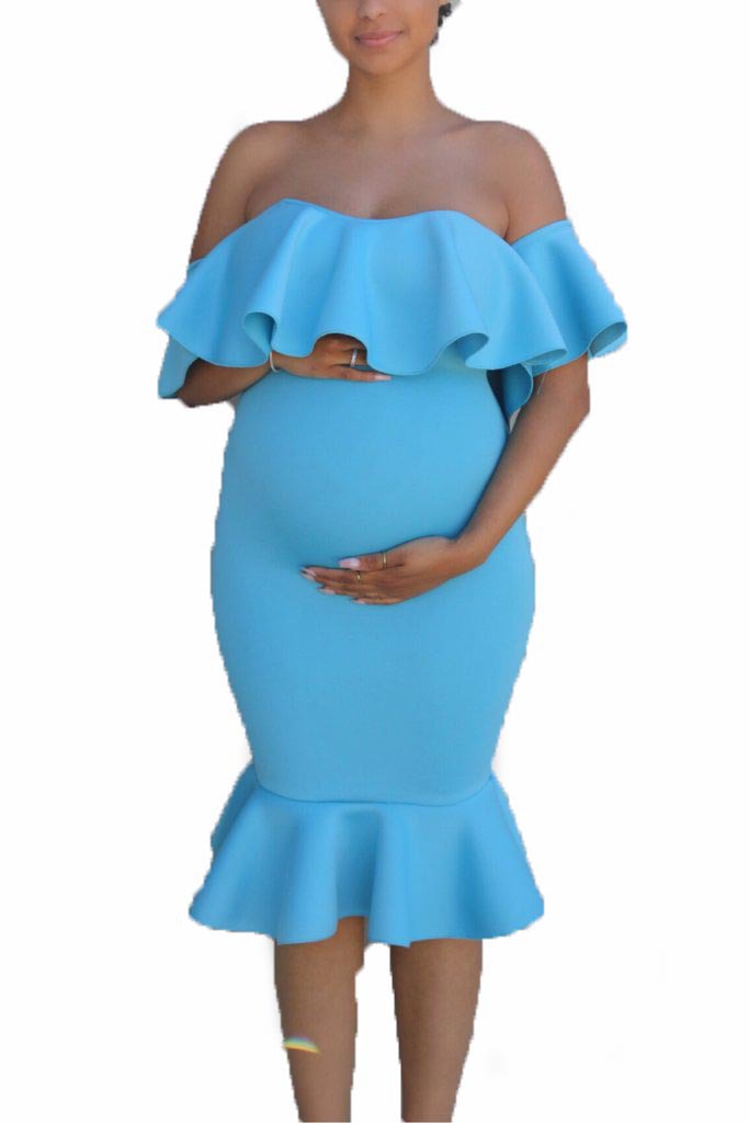 2021 African Popular Elastic Pregnant Women Ruffle Collar Evening Dress Maternity Photography Skirt