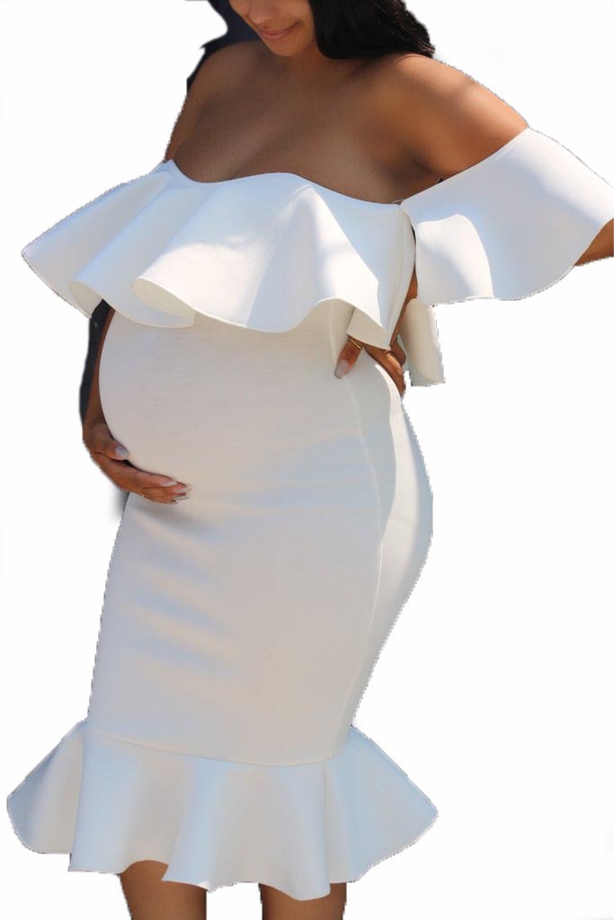2021 African Popular Elastic Pregnant Women Ruffle Collar Evening Dress Maternity Photography Skirt