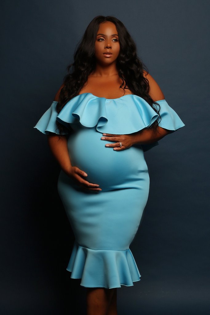 2021 African Popular Elastic Pregnant Women Ruffle Collar Evening Dress Maternity Photography Skirt