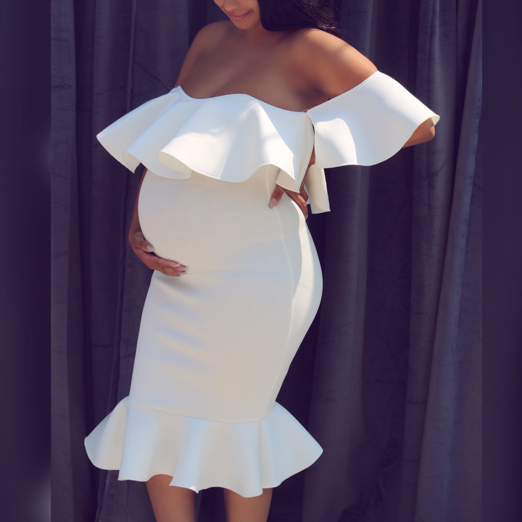 2021 African Popular Elastic Pregnant Women Ruffle Collar Evening Dress Maternity Photography Skirt