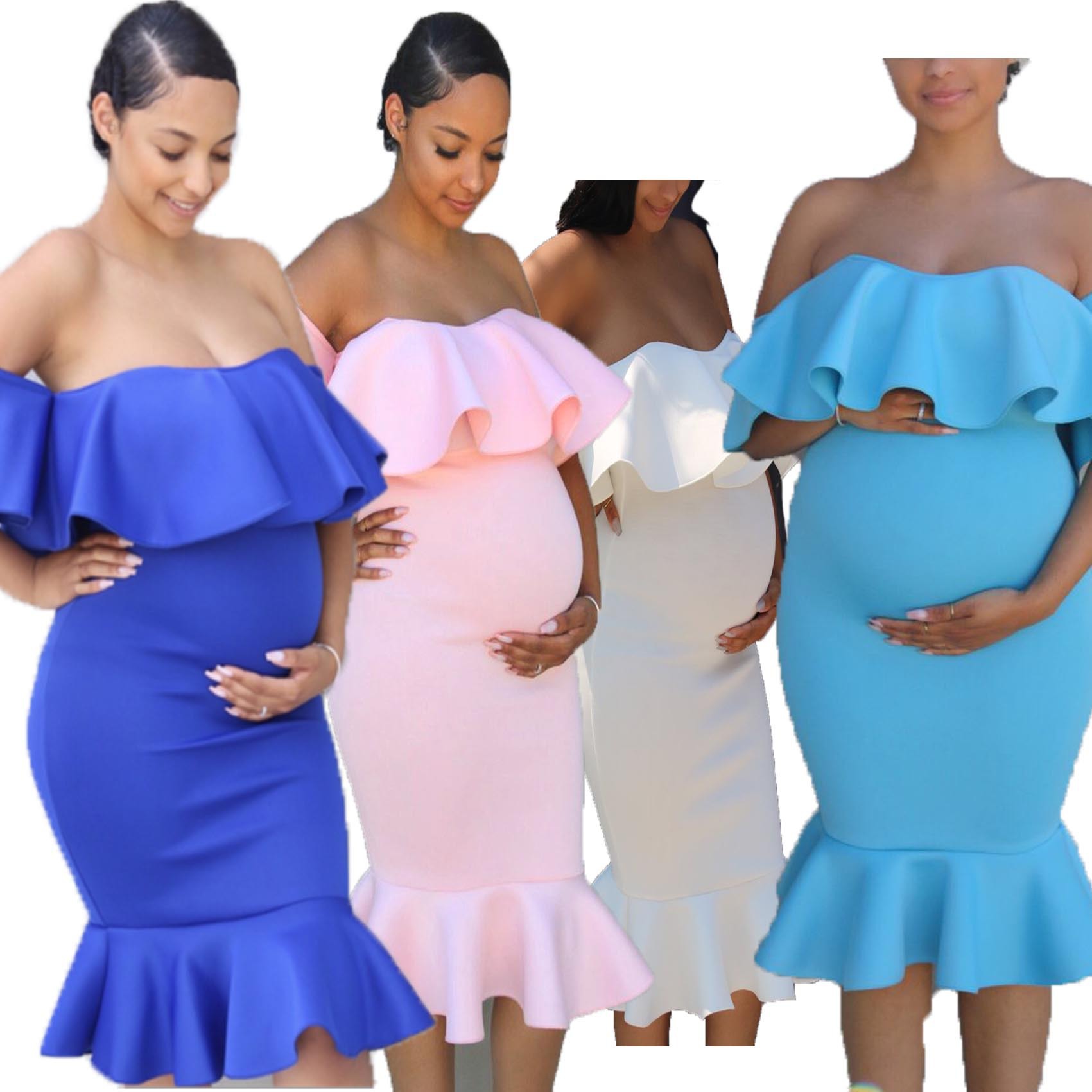 2021 African Popular Elastic Pregnant Women Ruffle Collar Evening Dress Maternity Photography Skirt