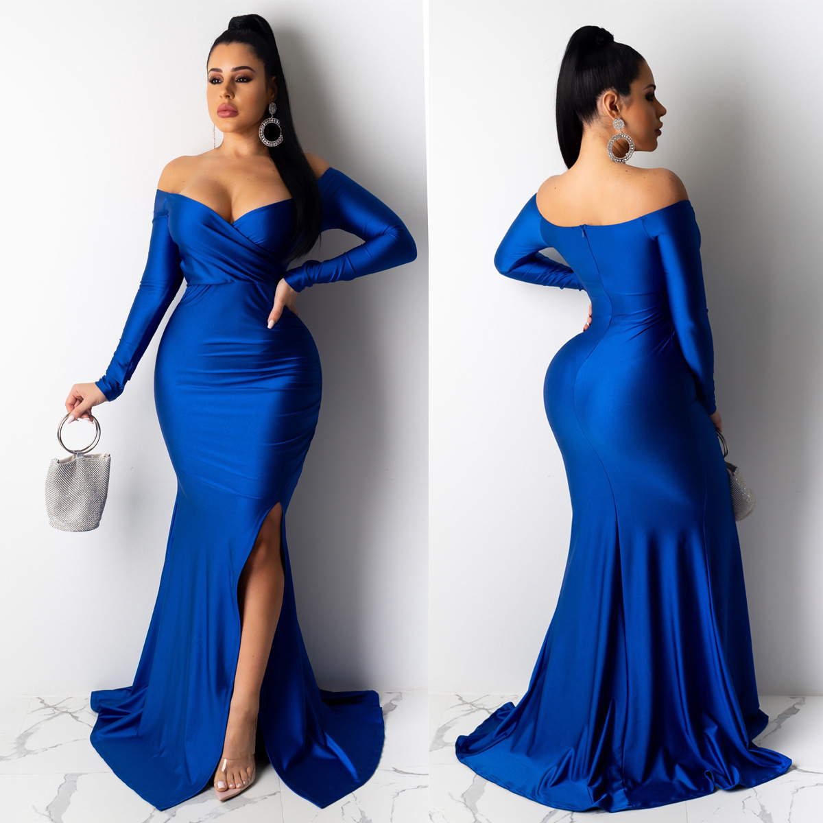 Hot Sale Women Sexy Evening Dresses Nightclub V-neck Large Split Lady Long Skirt Long Sleeve CeremonY Celebrations  Girls Lady Dress