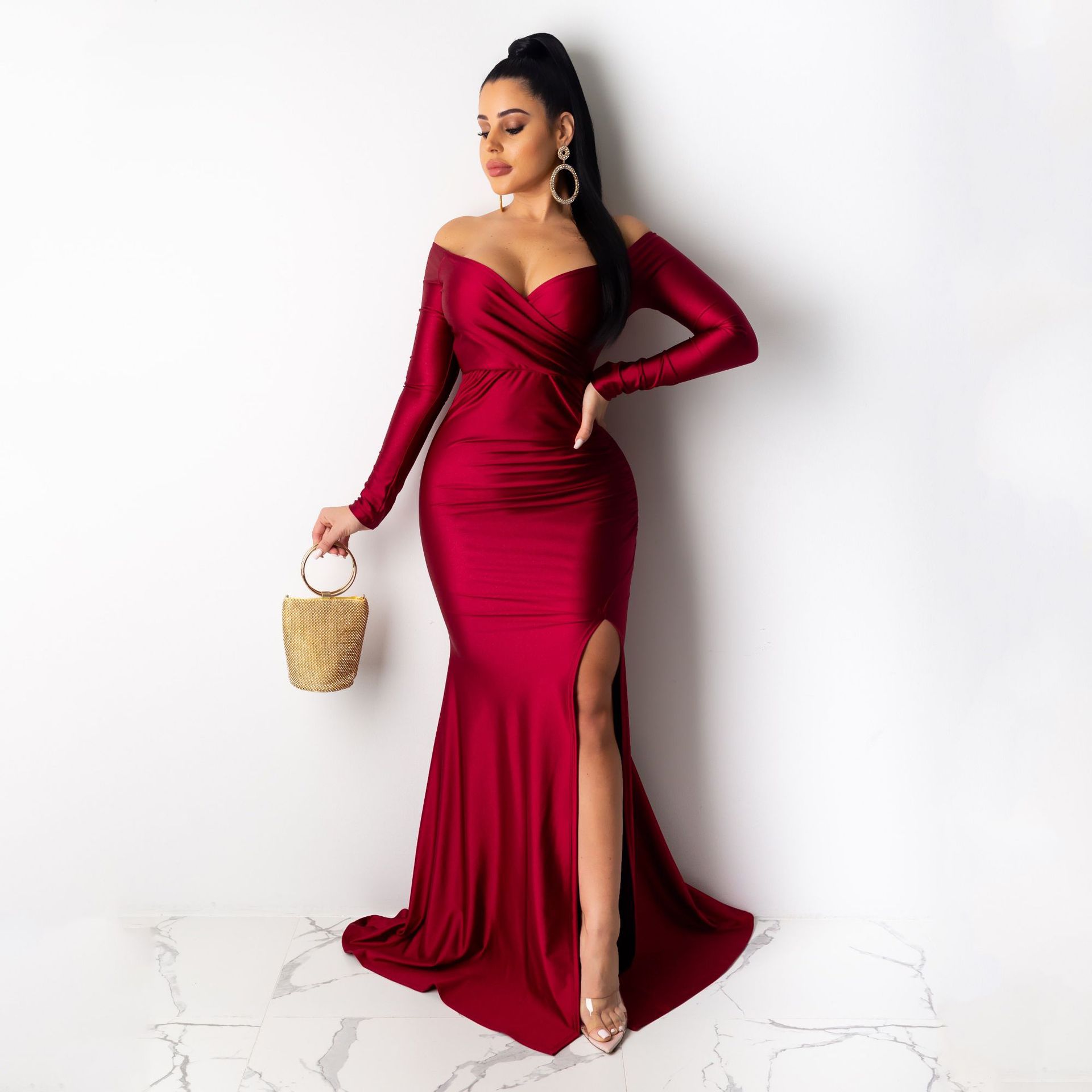 Hot Sale Women Sexy Evening Dresses Nightclub V-neck Large Split Lady Long Skirt Long Sleeve CeremonY Celebrations  Girls Lady Dress