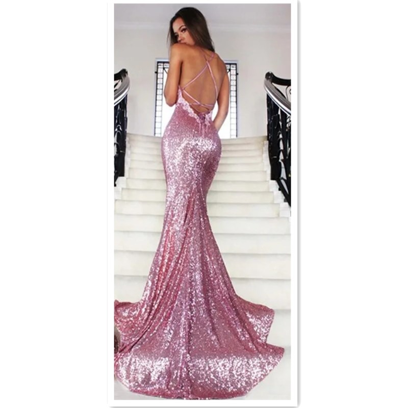 Sexy Evening Dress Floor Fish Tail Dress High Quality High-V Neck Evening Sequins Dress Backless