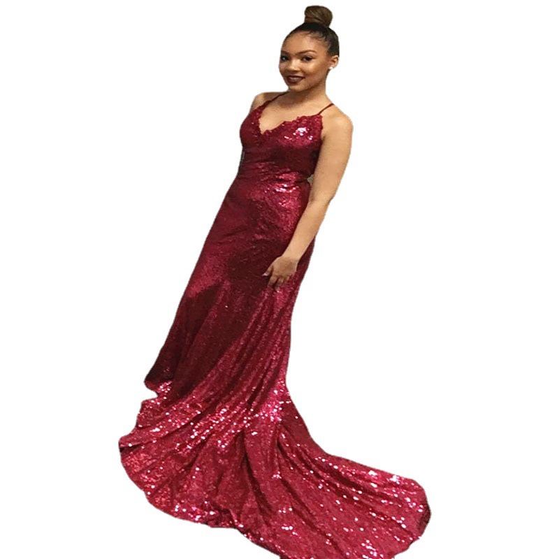Sexy Evening Dress Floor Fish Tail Dress High Quality High-V Neck Evening Sequins Dress Backless