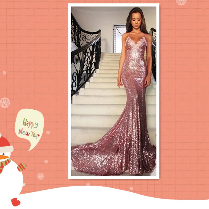 Sexy Evening Dress Floor Fish Tail Dress High Quality High-V Neck Evening Sequins Dress Backless