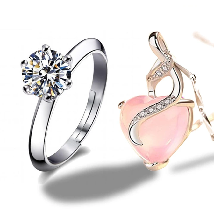 2022 Fashion Gift Quality S-925 Plating Rose Gold Office Lady Necklace Finger Crystal Wedding Rings Women's Jewellry Pure Hibiscus Stone Love Pendant No Rubbing Off Good To Skin Business Women Jewelry