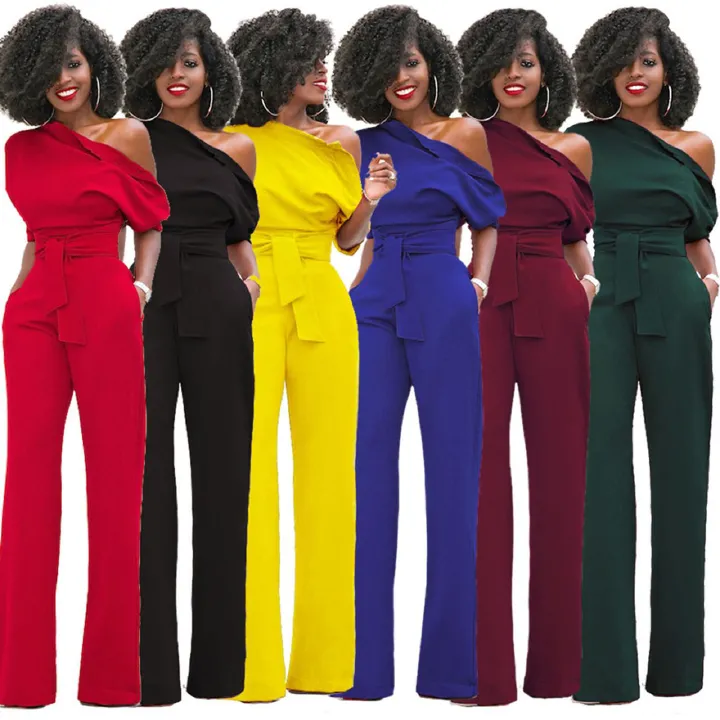 European American Summer New Fashion Women Suits Off Shoulder Short Sleeve Loose Lady Jumpsuit Girls Office Ladies Clothes