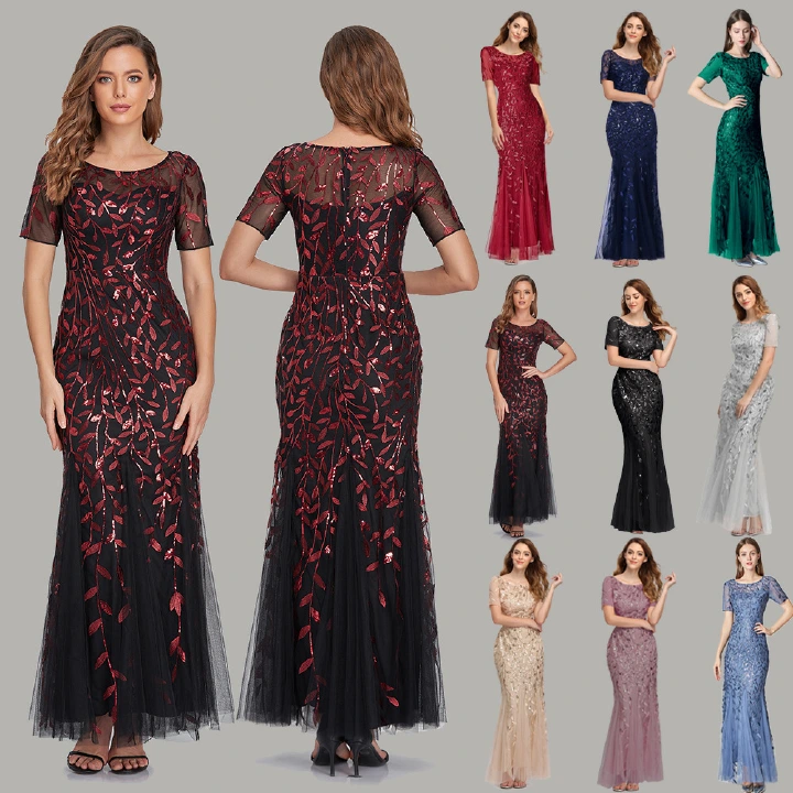 Top African Women 2022 Banquet Host European and American Style Slim Fitting Mesh Sequins Women Evening Dresses Fishtail Ceremony Celebrations Concerts Lady Dresses Girls Luxury Clothes