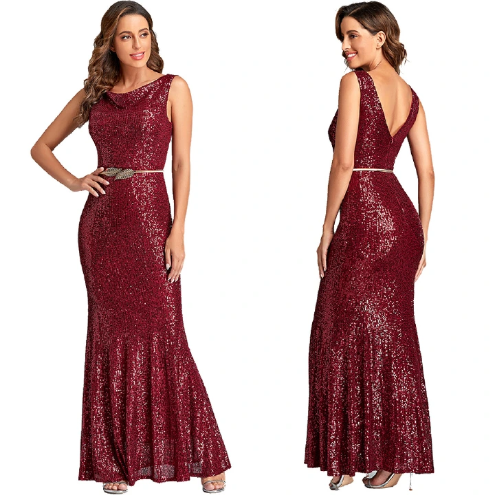 2022 Luxury European & African Version New Fashion Sequins Women Evening Dresses Sleeveless V-Back Fishtail Party Detachable Belt Concerts Celebrations Banquet Lady Formal Dress Bridemaid Pretty Dre