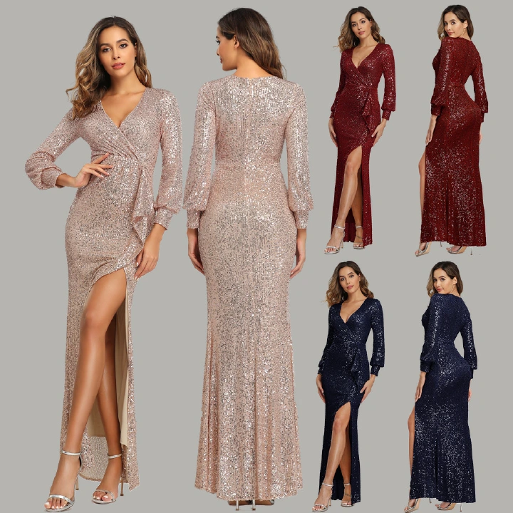 Top Women Elegant Dream Celebrity Party Women Evening Dresses  High Quality Long Sleeve Sexy & High Split Sequins Banquet Concerts Parties Lady Girls Clothes