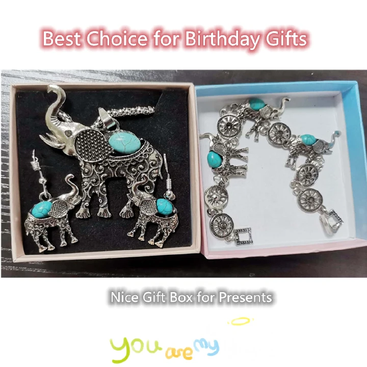 Wholesale 2022 Creative Bohemian Antique Turquoise Inlaid Elephant Necklace Bracelet Earrings 4PC Fashion Women Jewellery Set Retro Pine Stone Inlaid Elephant Women Jewellry Set