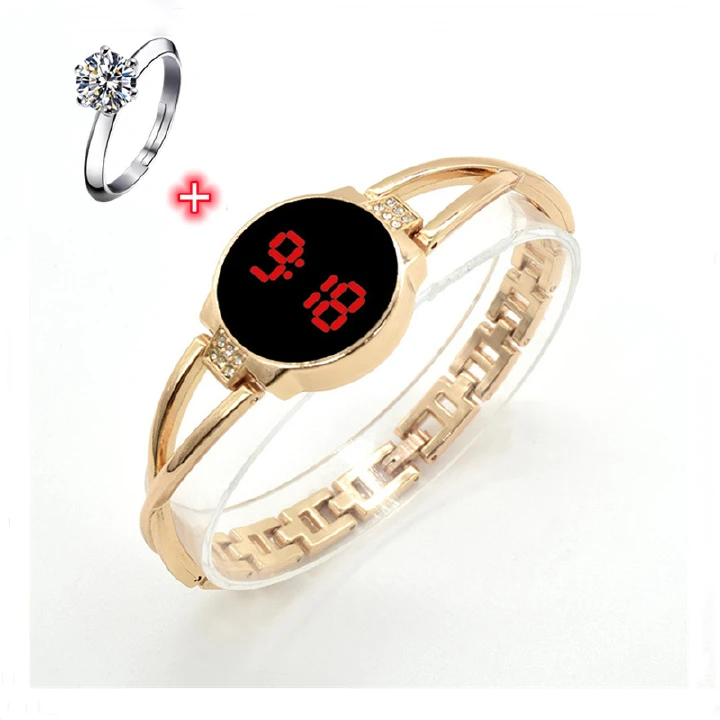Wholesale New Led Fashion Women  Watches Screen Touch Decorative Steel Band Electronics Female Girls Students Bracelet Watches 1PC Bracelet Watch + 1PC Crystal Ring + 1PC Luxury Gift Box Lady Birthday