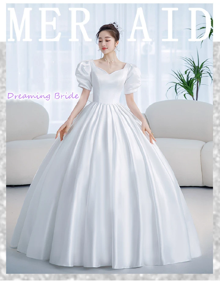 Light Luxury Women Wedding Dresses Set(1PC Gown+1PC Headdress+1PC Necklace+1 pair Earrings+1PC Wedding Ring) Bride Dreaming Super Fairy Large One-Side Shoulder Temperament Silk Gown Set High-end Simpl