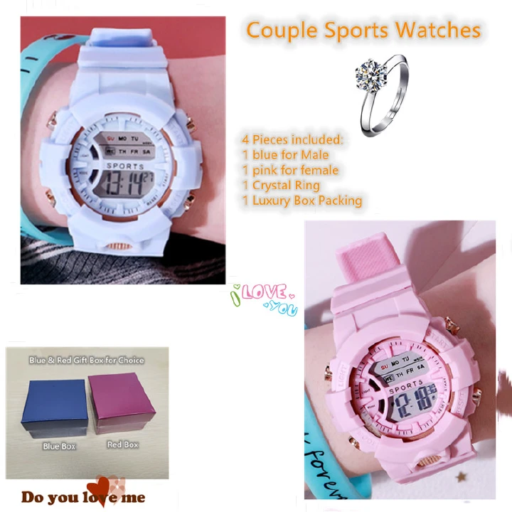Wholesale 2pcs/Set Couple Lovers Men's Women's Fashionable Sports Watches New Korean Tide Multifunctional Waterproof Luminous Collegue Middle High School Male Female Students Boys Girls Gift Alarm Wat