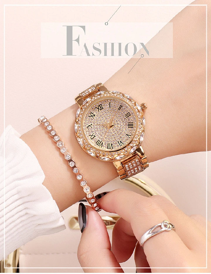 Hot Sale Popular Diamonds Inlaid Rhinestone Women's Watches Full Diamonds Fashion Trend Business Women's Metal Decoration Watches Full Sky Star Ladies Female Students Girls Gift Watches+ Luxury Gift B