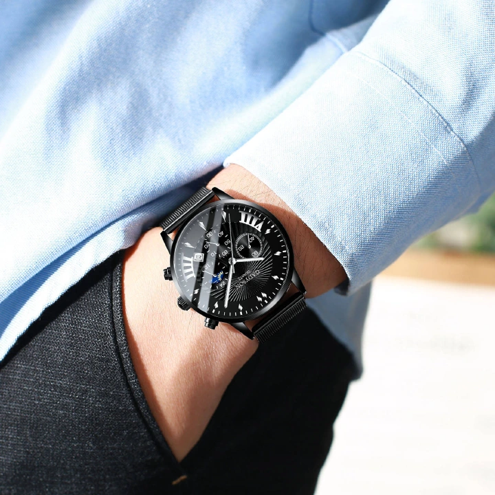 Popular New & Hot Selling Formal Business Men Metal Calendar Watches Luminous Fake Three Eye Steel Band Male Students Favorite Watches Korean Style Gentlemen Casual Watches  Boysfriends Gifts For Birt