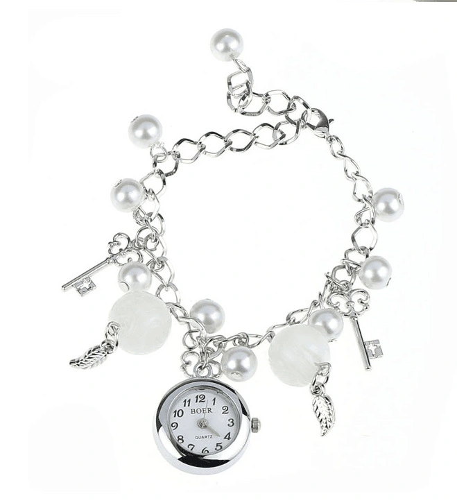 Girls Lovely Bracelet Gift Pearls Leaf Keys Glass Pendants Bracelet Women's Watches Korean Style Popular Fashion Versatile Female Students Laies Jewelry Watches + Luxury Gift Box Lovers Girlfriends Wi