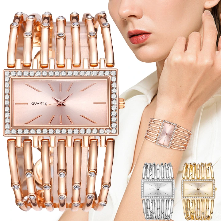 Trendy New Rhinestone Women's Steel Band Waterproof Bracelet Jewellery Watches Fashion European and American Style Full Diamonds Quartz Square Crystals Female Students Ladies Watches + Luxury Gift Box
