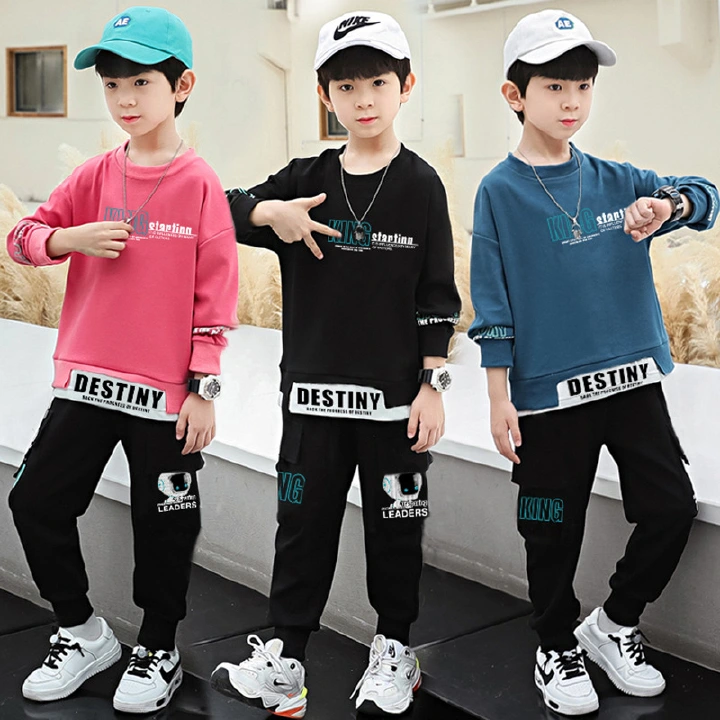 Children's Cool Astronaut King Clothings Boys' Children's Spring Autumn Suits Fashion New Boys' Handsome Sports Sweater Two-Piece Set Trendy Korean Version Boys Blazers Trousers Pink Blue Black Kids S