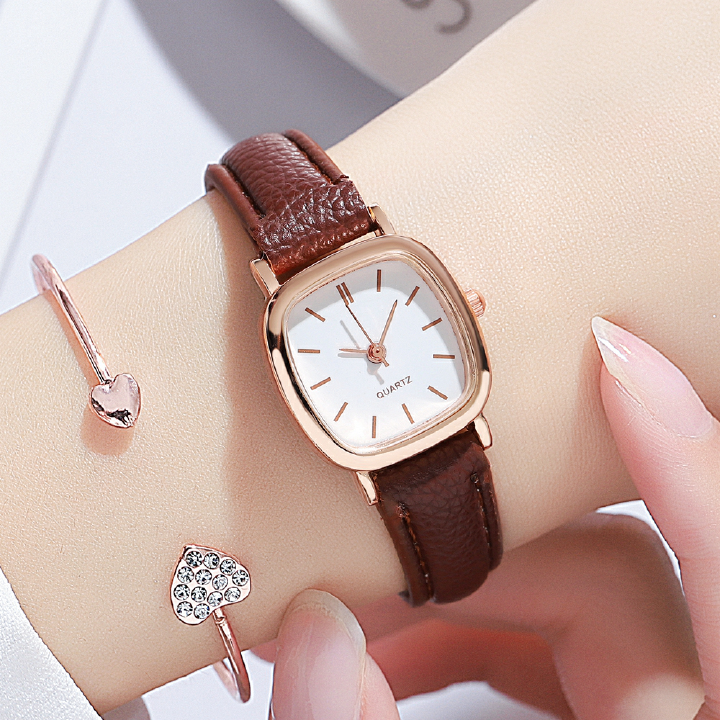 Fashion New Korean Design Sen Series Personality Women Watches Set (1PC Watch + 1PC Bracelet)Female Students Ladies Pu Leather Belt Metal Case Gift Leisure Watches + Luxury Gift Box Lovers Girlfriends