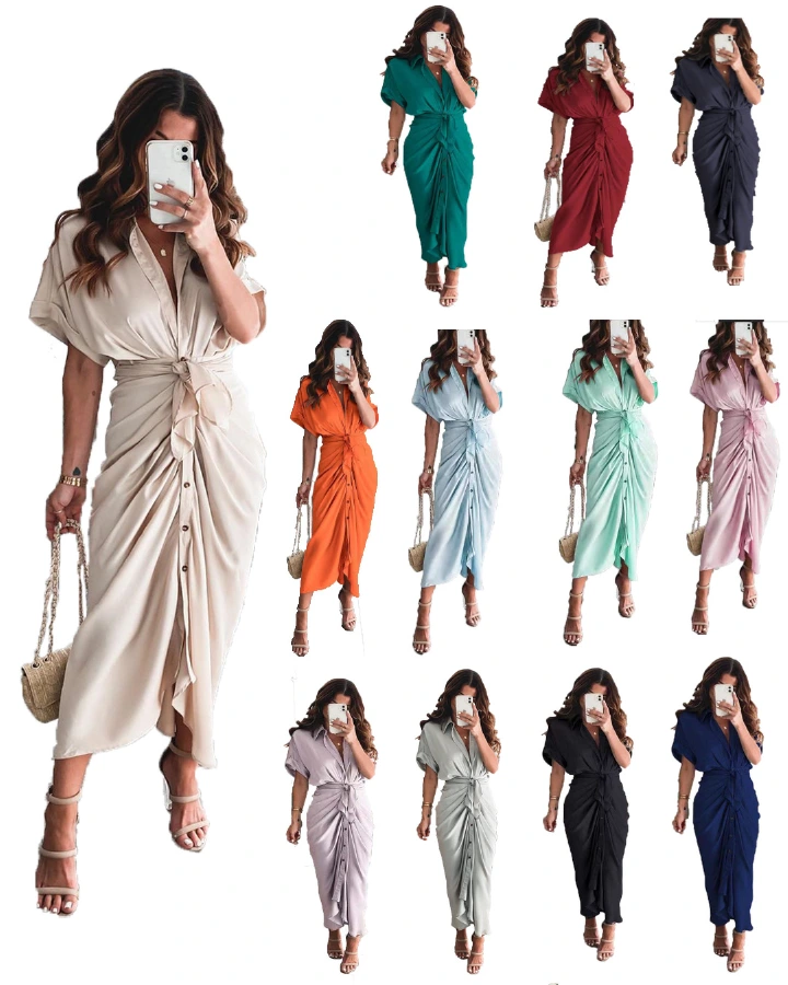 Real Silk Business Women 2022 Summer New Dress Commuter fashion Forged Face Pocket Long Shirt European and African Big Size Casual Women's Students Wear Comfortable Women Clothes Lovers Girlfriends Wi