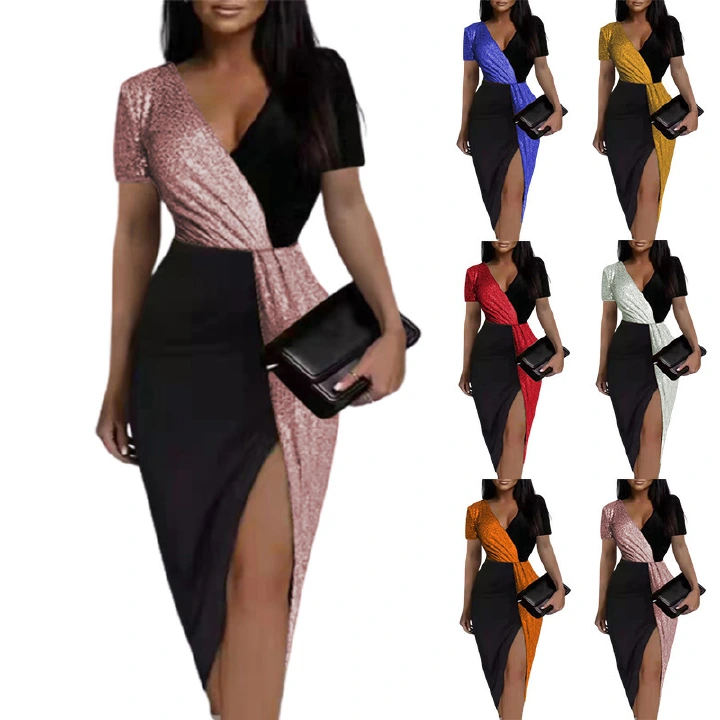 Fashion Newest European & African Style Sexy V-Neck Women's Shiny Dinner Evening Dresses Short Sleeve High Split Office Ladies Formal or Casual Clothes Parties Evenings Celebrations Meetings Women Clo