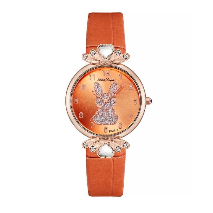 2022 New Fresh Wind Young Girls Rabbits Pattern Women's Crystal Watches Set(1pc Watch + 1PC Bracelet) Net Red Recommended PU Belt Ladies Female Students Girls Kids Children Watches + Luxury Gift Box L