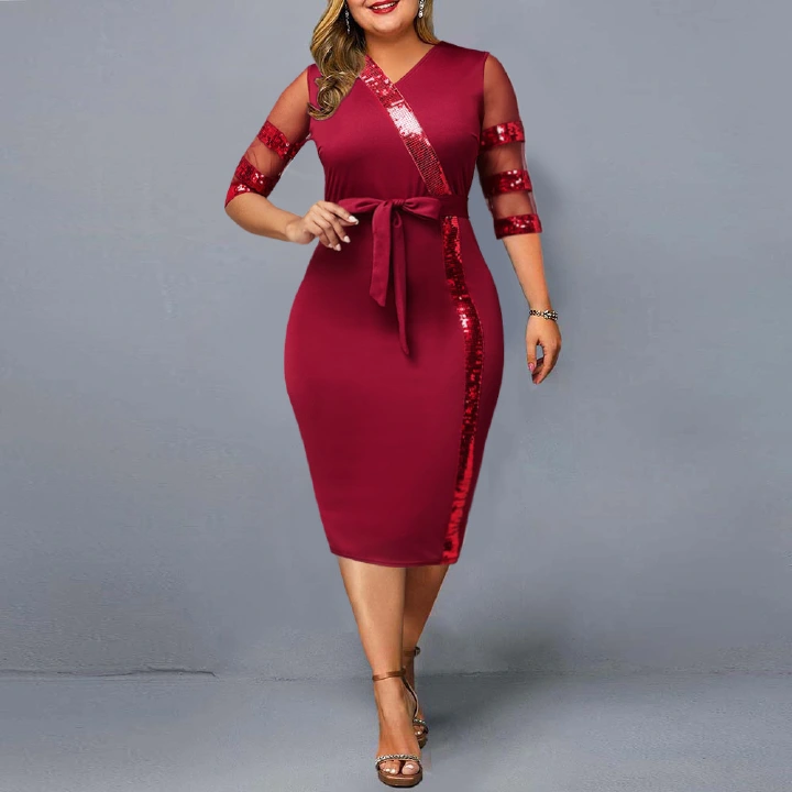 New Mesh Sequins Splicing Large Maroon Women's Evening Dinner Dresses Office Ladies Formal or Casual Clothes Parties Evenings Celebrations Meetings Women Clothes Girls Lovely Skirts Lovers Girlfriends