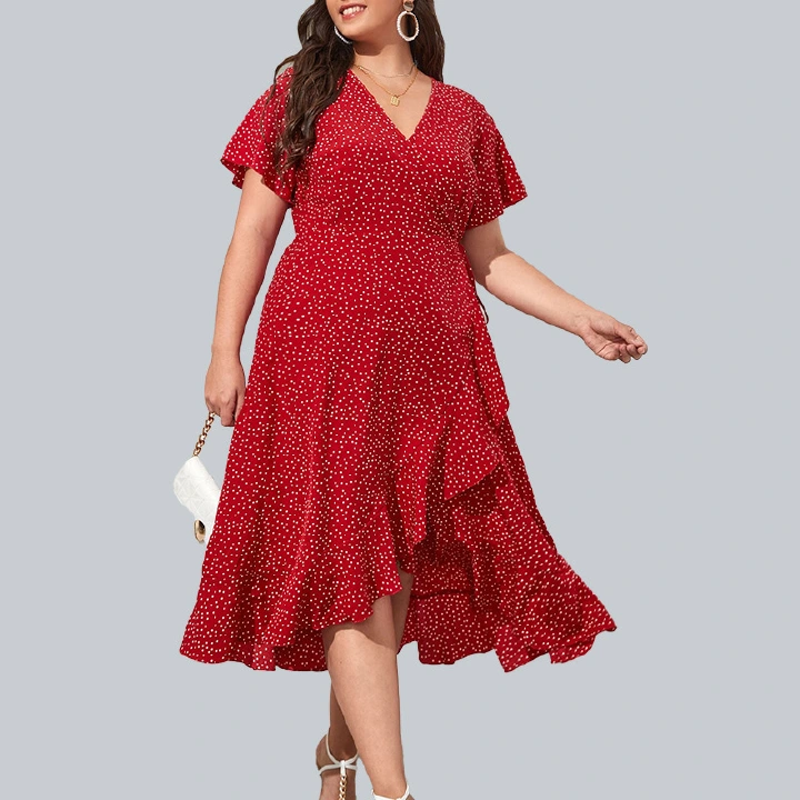 2022 Summer European & African Style Large Size  Women's Red Evening Dresses Wave Dots High Waist Ruffle Large African Dresses  Office Ladies Formal or Casual Clothes Parties Evenings Celebrations Mee