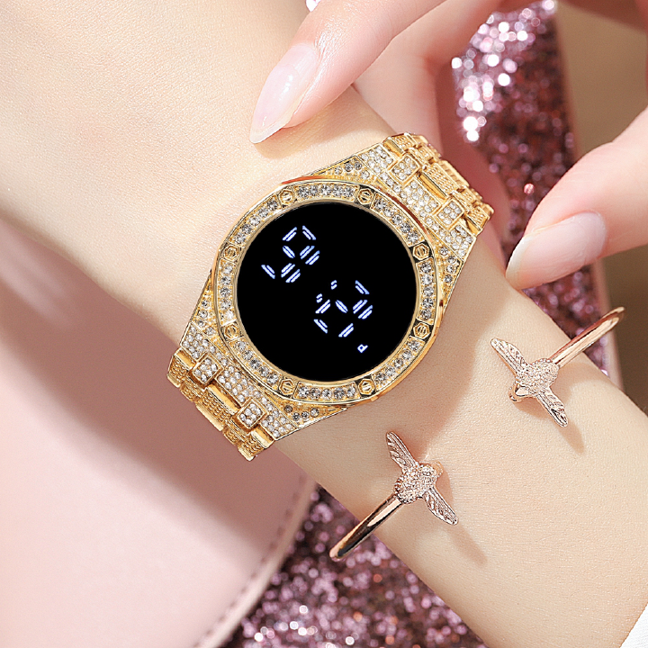 2022 New Luxury Rhinestones Women's Bracelet Alloy Steel Band Watches LED Display Large Touch Screen Inlaid Diamonds Ladies Jewellery Watches Girls Students Versatile Fashion Watches + Luxury Gift Box