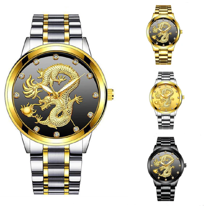 2024 New Golden Watch Embossed Golden Dragon Watch Non Mechanical men's Watch Popular in Europe And America Mature Steel Band Watch Men's dragon Watch The First Choice For Successful men: A Diamond Ri
