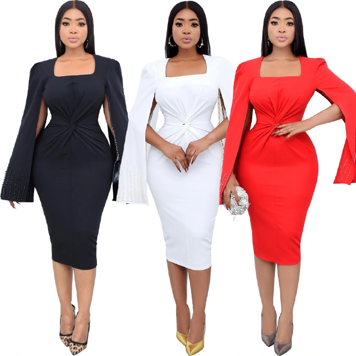 New Recommendation 2022 European And African Hot-Selling White-Collar Women's Wear Nail Bead Cape Kink Waist Solid Color Dress