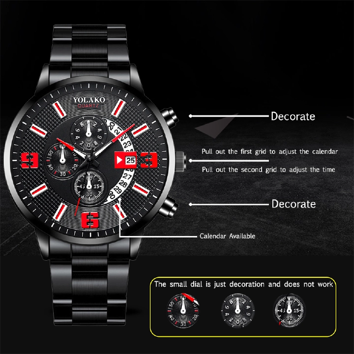 Relogio Masculino Mens Fashion Business Men Watches Casual Metal Alloy Steel Band Female Calendar Watches Fake 3-Eyes School Boy Students Watches + Luxury Gift Box Best Gift Choice for Sons Boysfriend