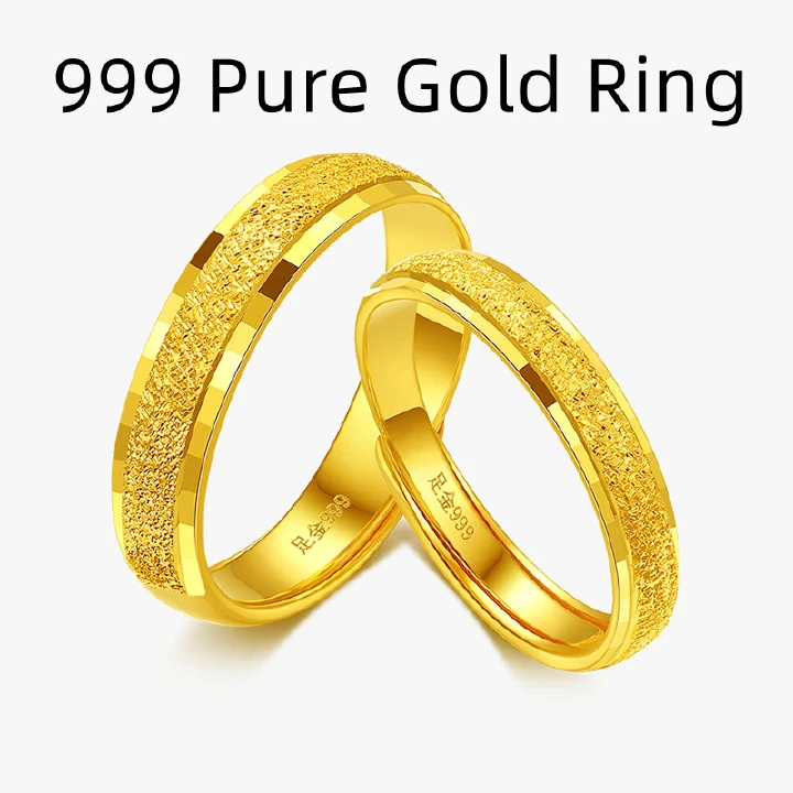 New Arrivals 999 Pure Gold Ring Fine 3D Hard Gold Couple Smooth Face Pair Ring Women And Men Gold Antique Ring Full Gold 999 Plain Ring Frosted Couple Wedding Ring