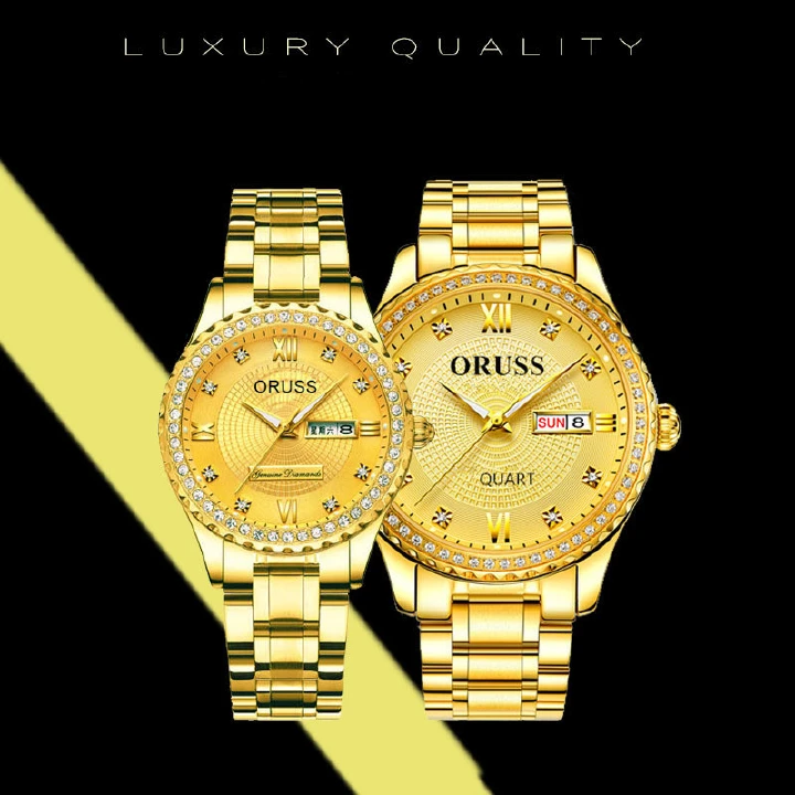 High Quality 30M Waterproof Luminous Double Calendar Couples' Watches Korean Version Female Students Ladies Business Men Women's Lovers' Date Crystal Gold Watches+Luxury Gift Box Girlfriends Wife's Bi