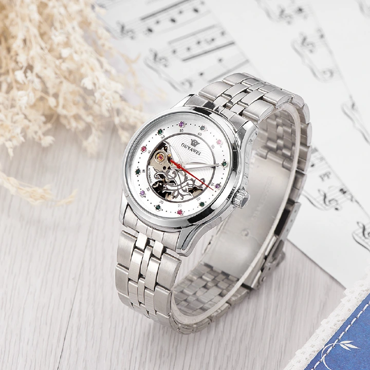 High-End Stainless Steel Women Mechanical Watches Creative Hollowed-Out Design Waterproof Fully Automatic Metal Ladies Female Students Birthday Gifts Watches + Luxury GIft Box For Presents