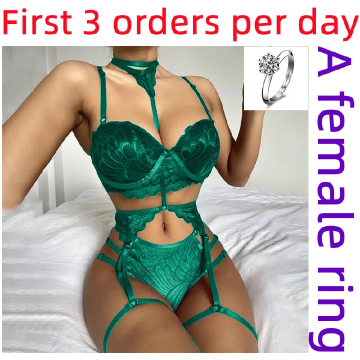 European And American Sexy Neck Garter Three Piece Lace Perspective Fun Suit Women's SEXY GARTER Underwear Set Women's Embroidered Chest Straightening Thong Sexy Underwear Temptation Erotic Bandage Un