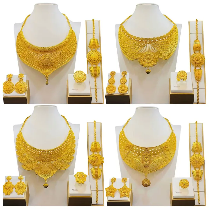 Factory Wholesale Imitation Copper Luxury Bride Wedding Jewelry Set India Dubai Vietnam Women Wedding Gift Jewelry Innovative Necklace Earing rings Finger Rings Bracelets  Golden Shiny Girls Ladies We