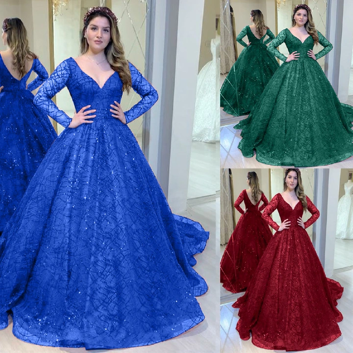 New Arrival Luxury Blue Green White Red Girls Bride Wedding Dresses Autumn and Winter New Style Long Sleeve Sequins Women Evening Dresses Big Swing Sexy V-neck Lady Concerts Parties Big Swing Formal D