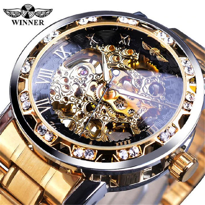 New Winner Mechanical Watch Men's Fashion Leisure  Classic Fashion Hollow Water Diamond Manual Mechanical Watch Men's Business Watch Waterproof Night Glow Calendar Watch Cool Boys Fashion Watch