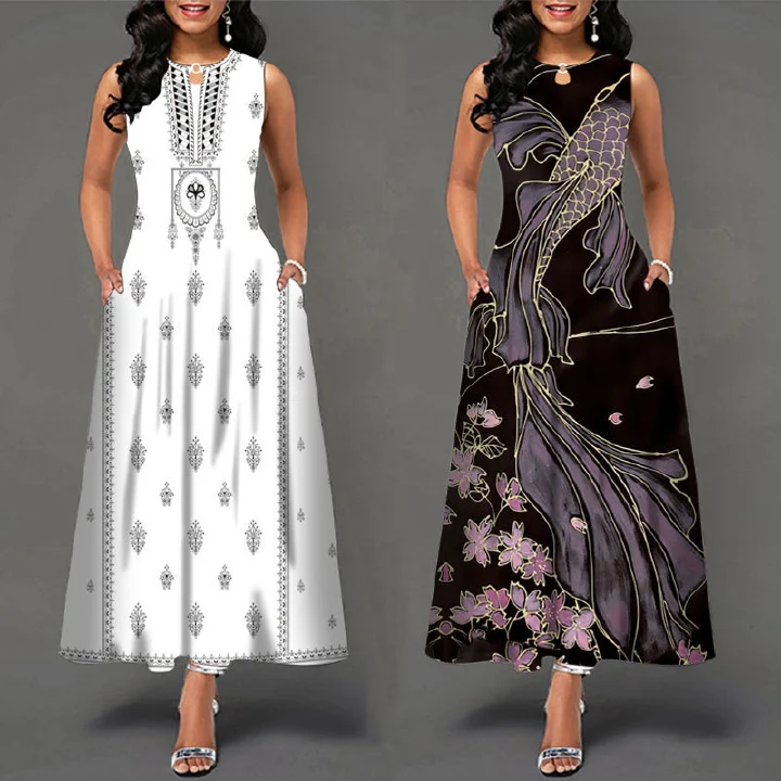 2023Popular Fashion European and African Style Round Neck Sleeveless Vest Printed Women Long Dresses Pocket Waist  Large Hem Colorful Women Clothes Ladies Long Skirt Formal Casual Girls Gift Dresses