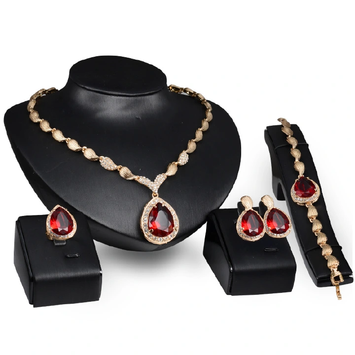 African Hot Selling Exquisite Popular Water Drop Gemstone Alloy 18k Gold-plated Five-Piece Bridal Wedding Jewelry Set Bride Banquets Parties Lady Women Fashion Necklace Earrings ring Bracet Jewelry