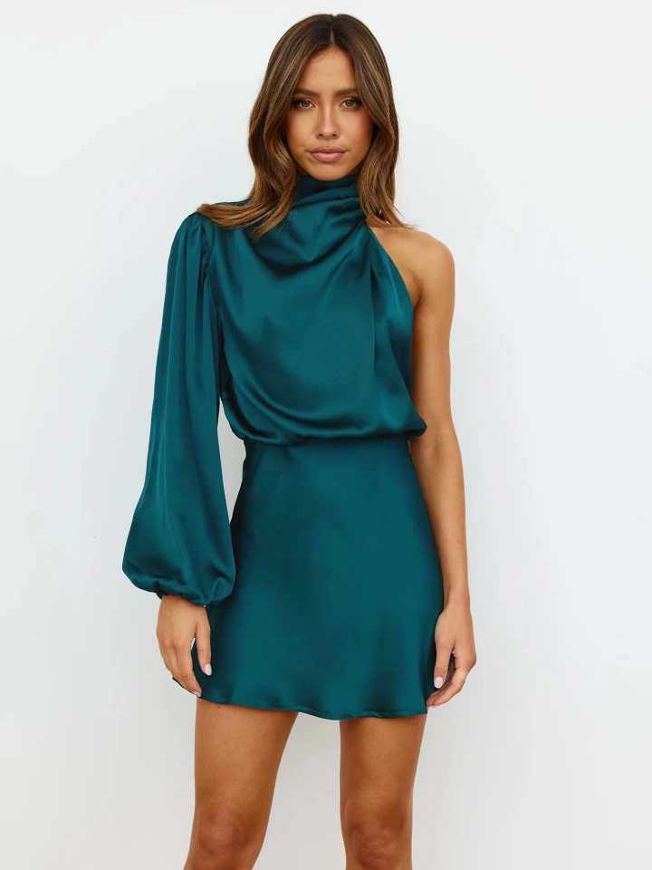 2023 Africa Autumn and Winter New Women's Evening Dress High-grade Satin Long-sleeved One-shoulder Elegant Dress Solid Color Pattern Collage/splicing Process Elegant Temperament Socialite Style
