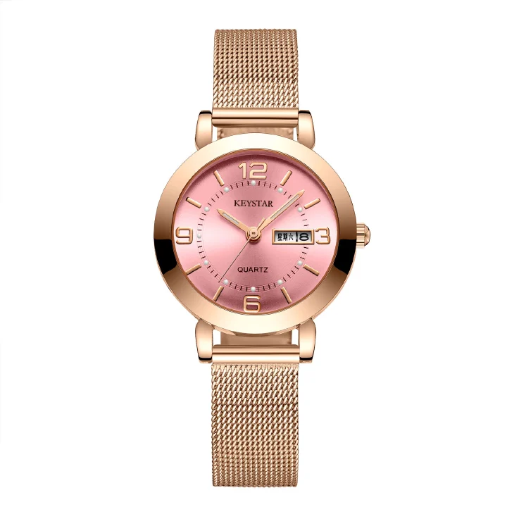 High Level Steel Women Watch Full Automatic Double Calendar Girl Steel Belt Lady Watch New Year Hot Gift Night Light Dual Calendar Non-Mechanical Automatic Fashion Women Watches Friends Birthday Gift