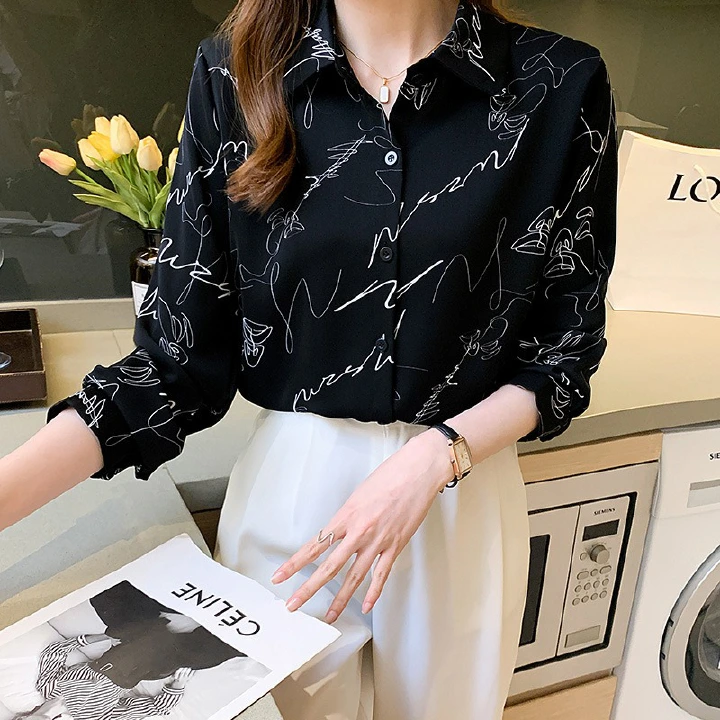 2024 Spring and Autumn New African Popular French Ink Graffiti Printed Shirt Blouse Women  White Loose Shirt Celebrity Fashion Lapel Print Simple and Fresh Literary Style