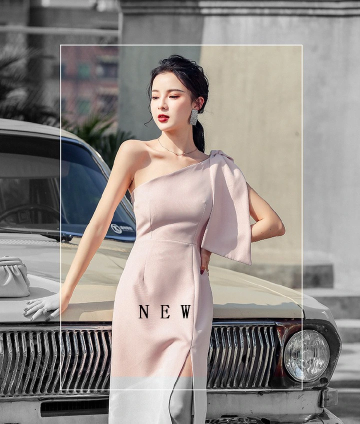 2024 Africa Europe and America Summer Fashion Thai Design Sensuous Bow Oblique Shoulder Slimming Slit MIDI Dress Sleeveless Dress Solid Color Pattern Fresh and Sweet Gentle Style